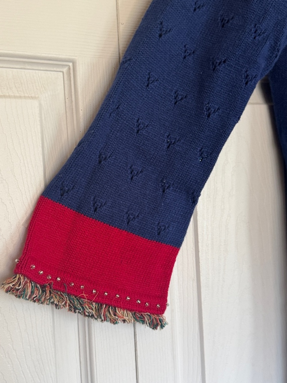 Storybook Knits Navy Blue Cardigan with Red Trim patriotic metallic stars - Picture 6 of 10